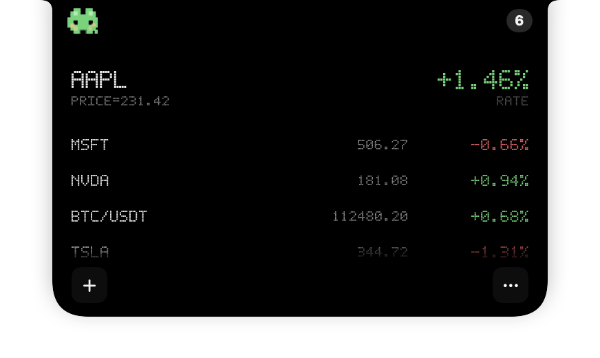 Stock Island Pixel Mode showing dot-matrix market quotes