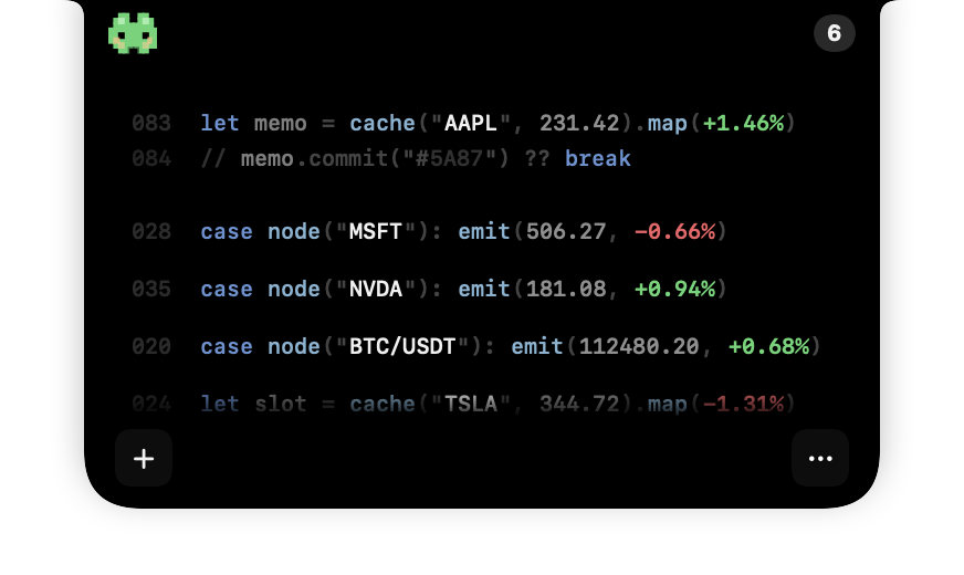 Stock Island Stealth Mode showing quotes as code-like lines